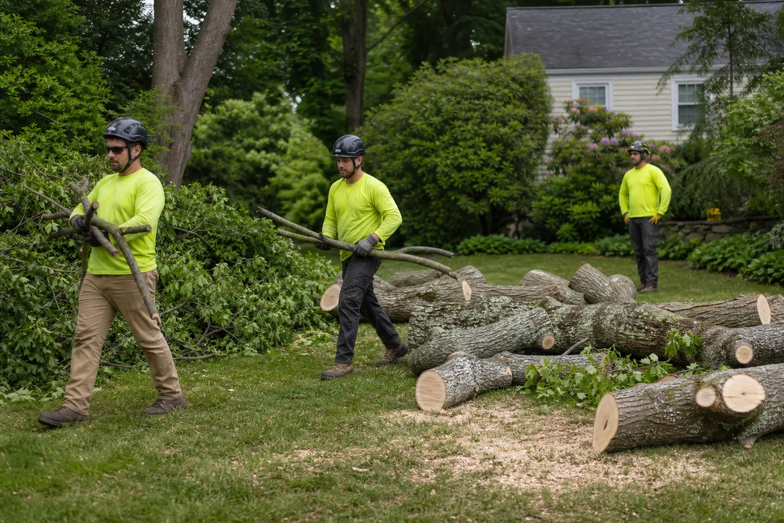 Professional tree-service crew clearing grounded branches after a controlled removal